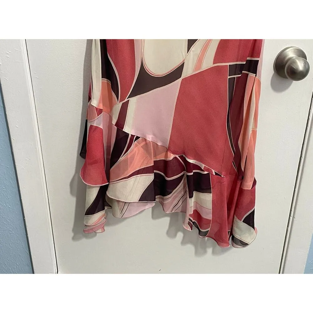 Y2K Citrine Dress Size 8 Pink Abstract Drape Neck Ruffle Hem Country Club Preppy - Image 3