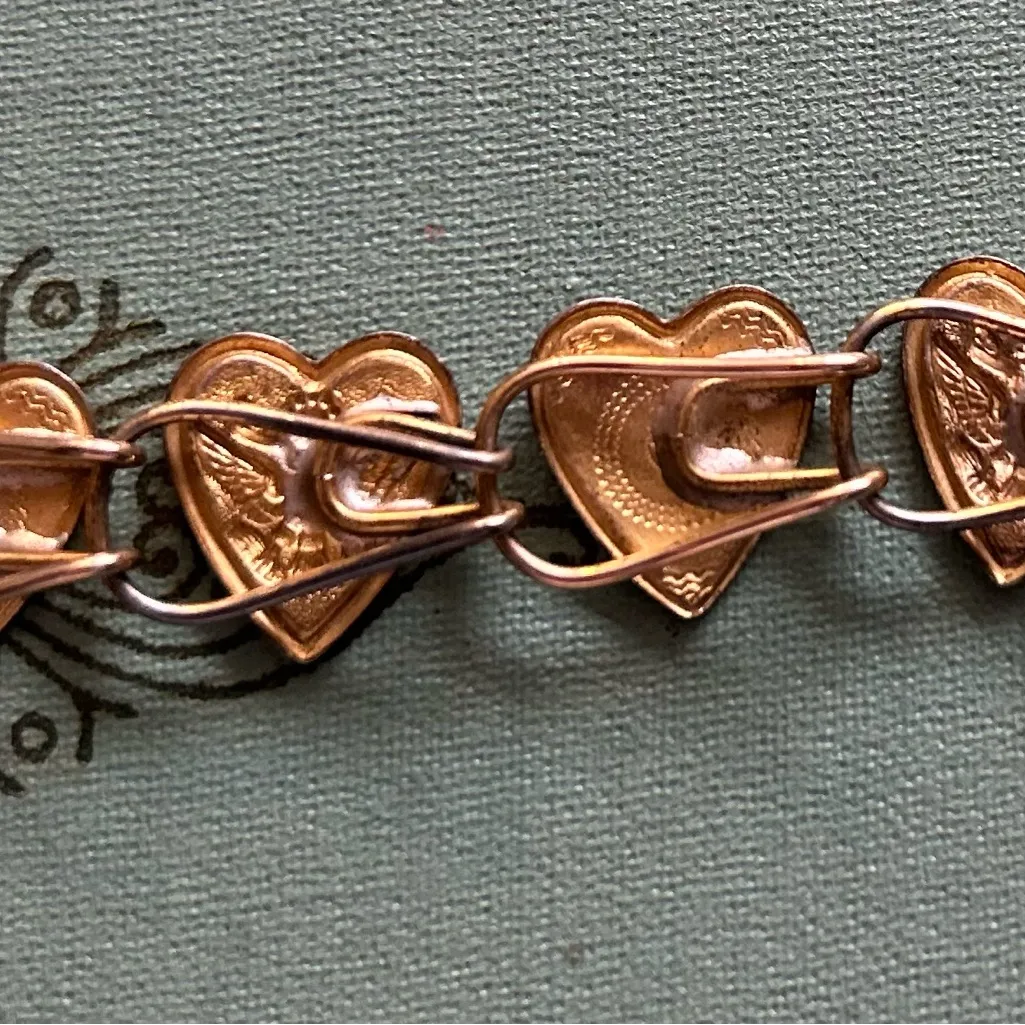 WWII SWEETHEART BRACELET Sterling with gold wash and enamel hearts Pink - Image 7