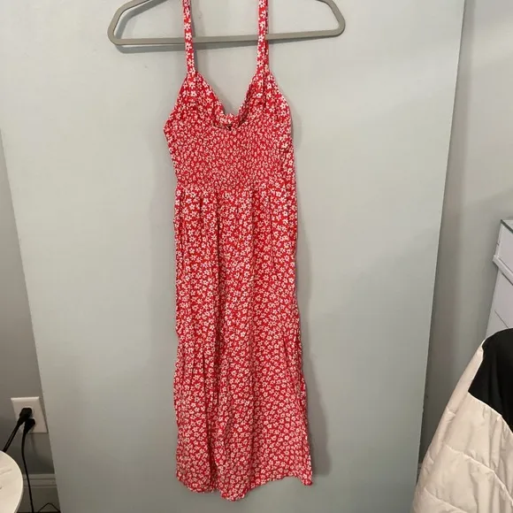 Old Navy Red Floral Smocked Midi Jumpsuit Women's Size S - Image 6