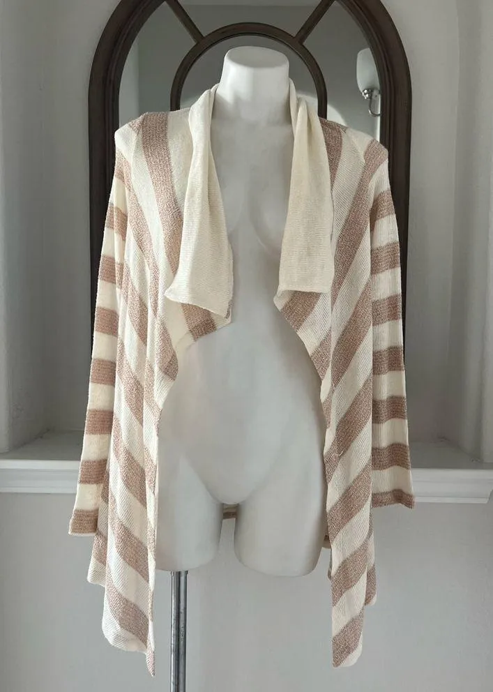 Splendid Draped Metallic Striped Sweater Cardigan, Cream Rose Gold Size M - Image 6