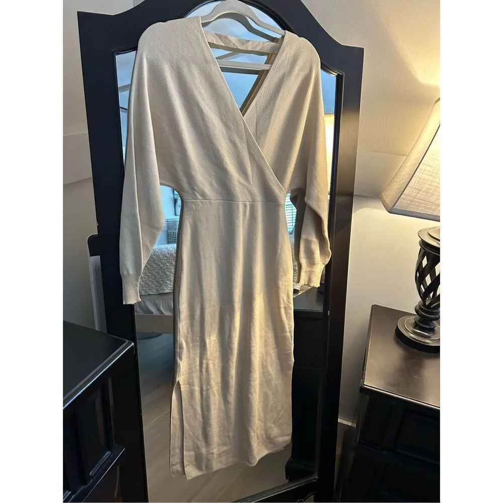 NEW Long Sleeve Sweater V Neck Wrap Knit Dress NO Belt S White - Image 7