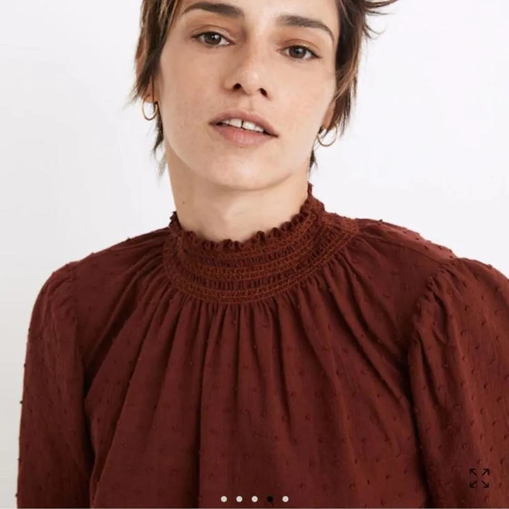 Madewell Burgundy Sheer-Sleeve Mockneck Blouse in Clip Dot Women’s size Medium​ - Image 15