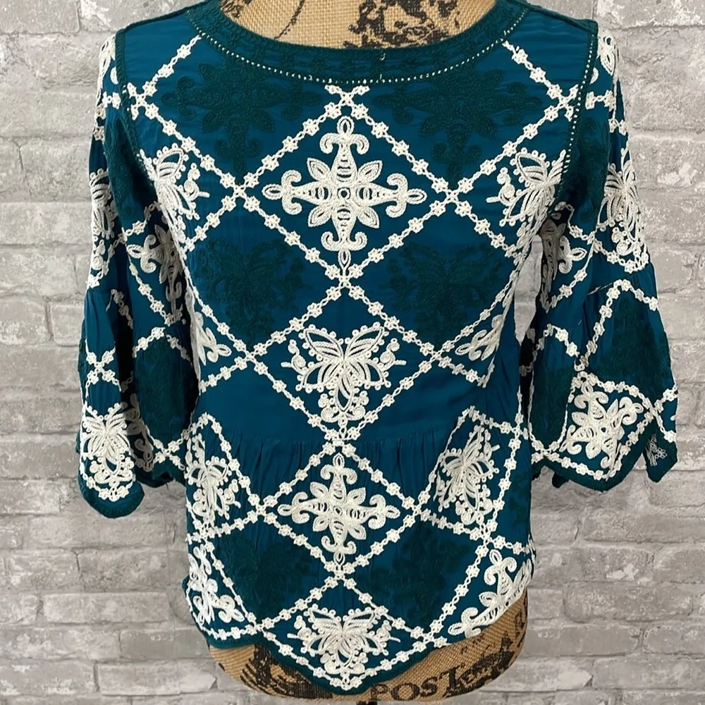 Anthropologie  Kindred Teal Embroidered Top - Image 4
