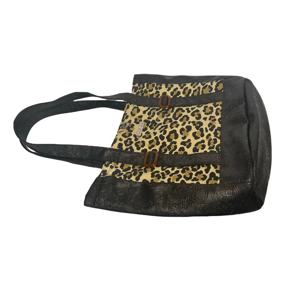 Isabellas Journey Black Faux Leather Tooled Leopard Animal Print Purse Tote Bag - Image 5