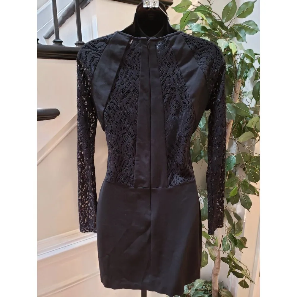 Parker Naomi Black Lace Trem Round Neck Back Zip Long Sleeve Sheath Dress Large - Image 2