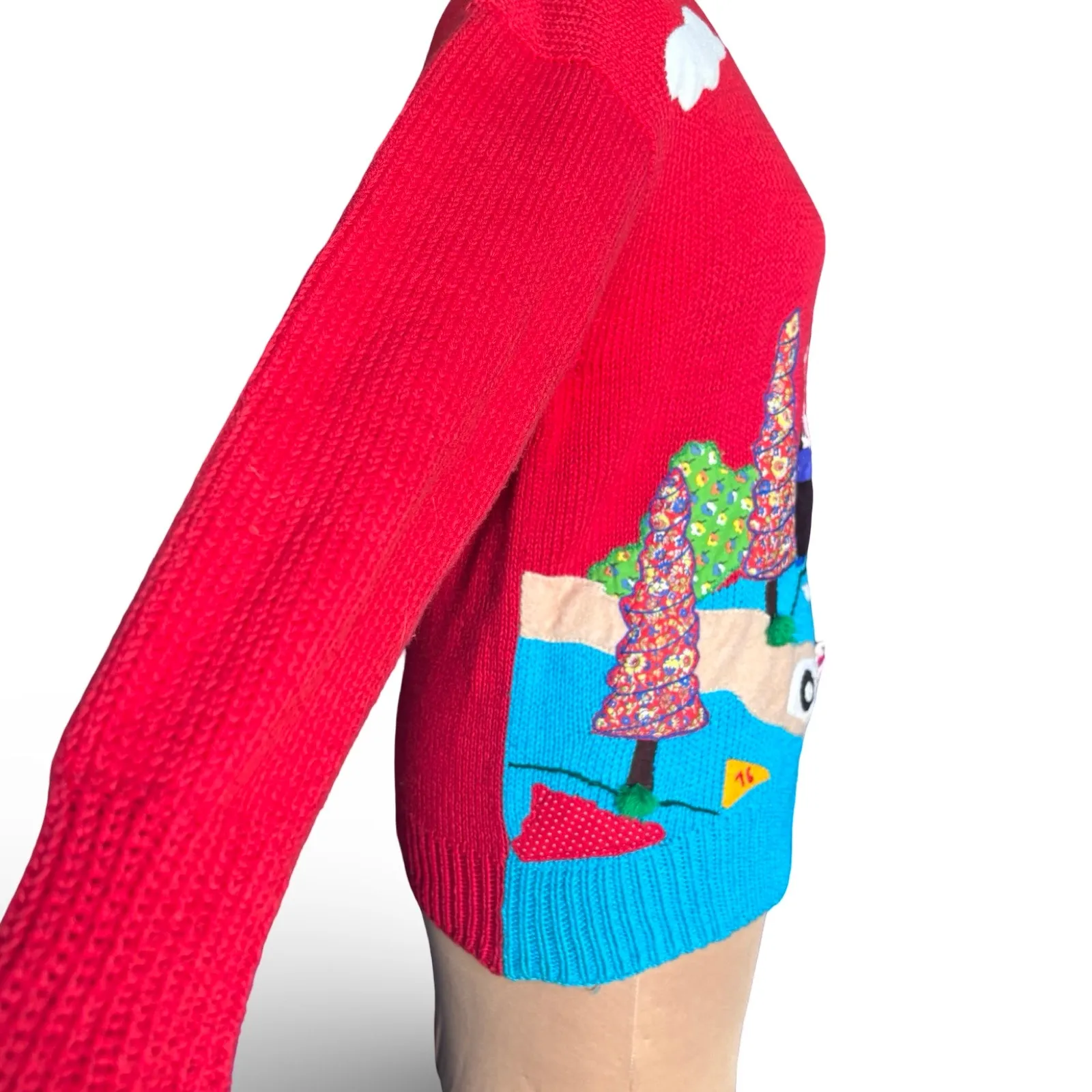 Handmade Red Cotton Golf Scene Sweater Novelty Landscape Pullover Medium Sporty - Image 3