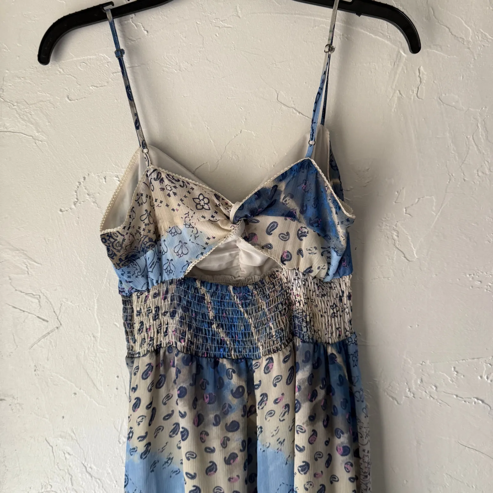 Princess Vera Wang Blue‎ Patchwork Print Dress M Boho Y2K Midi Smocked Backless Blue Size M - Image 6