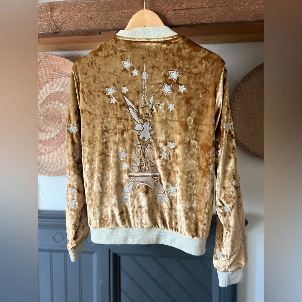 Disney Parks Disneyland Paris gold Velvet Tinker Bell bomber Jacket small - Image 4