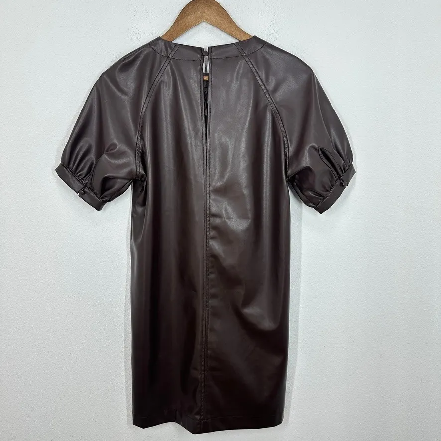 EVERVE Faux Leather Puff Sleeve Sheath Dress Chocolate Brown Women's Size S - Image 11