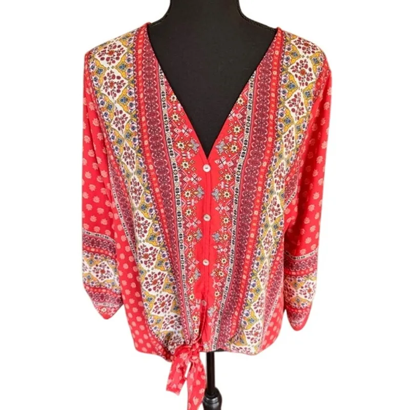 West Kei  Red Boho Print Button-Front Top – Size L - Image 2