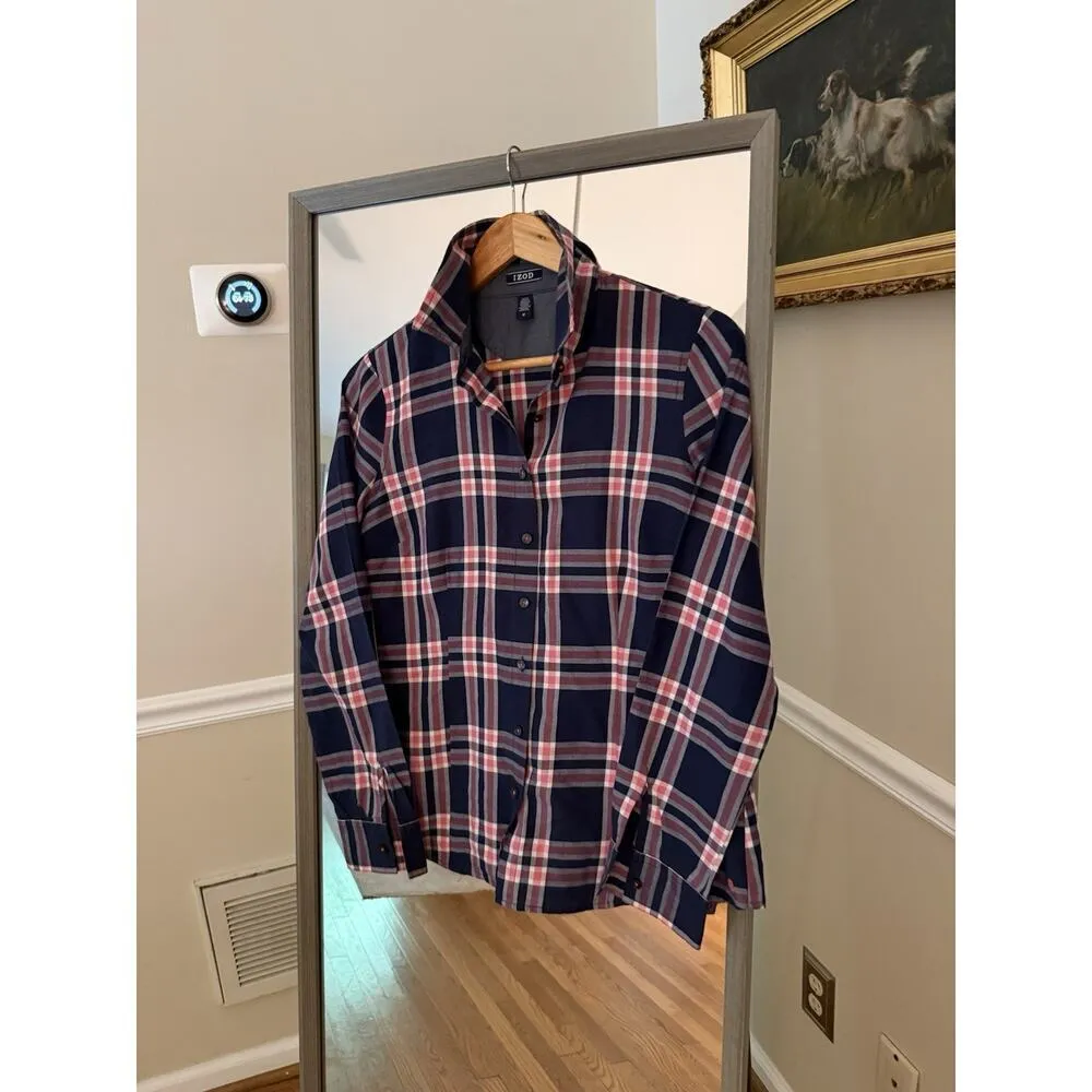 IZOD Women's Navy & Pink Plaid Button Up, Long Sleeve Shirt Size Medium - Image 2