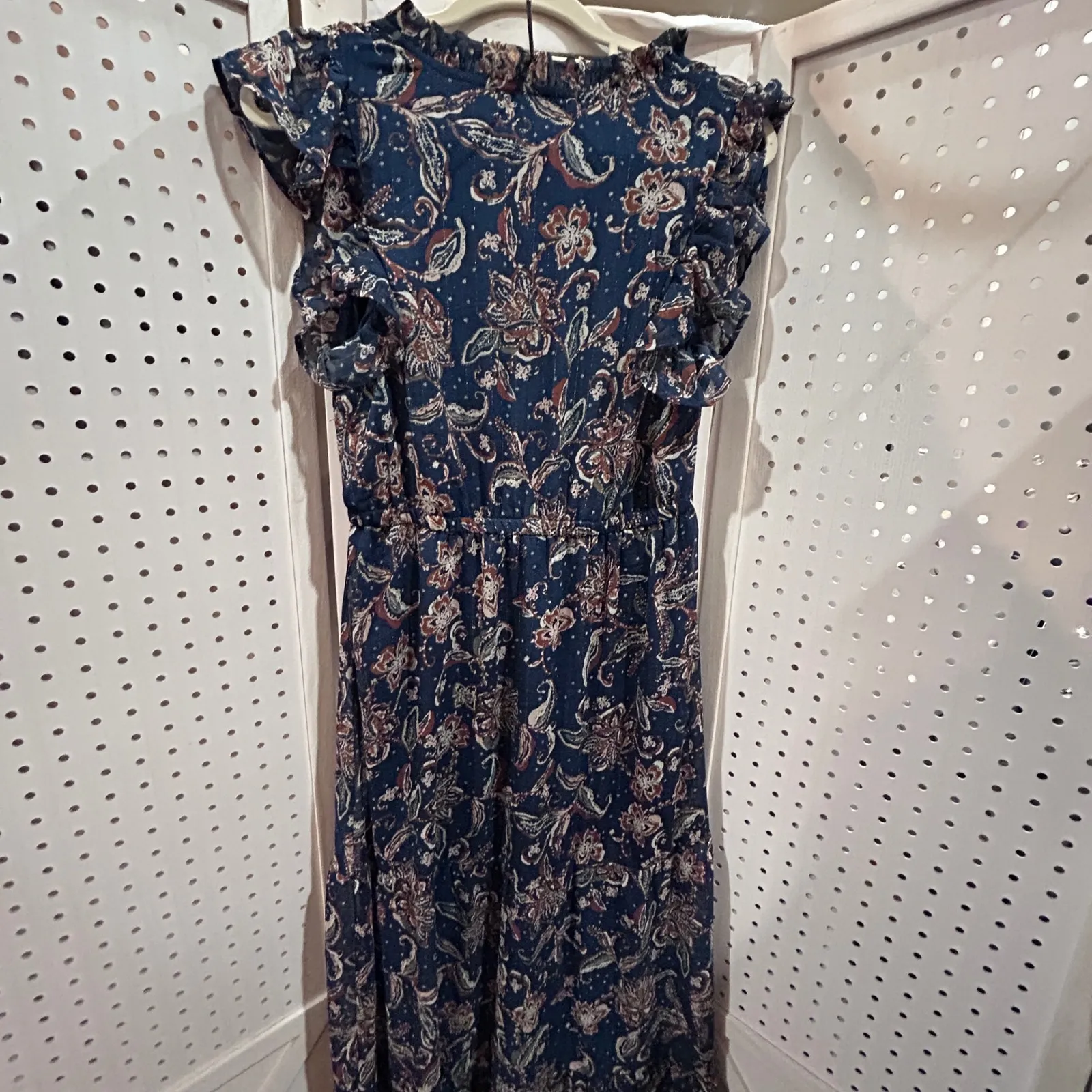 Lucky Brand Floral Print Maxi Dress Ruffle Neck Tie V Neck Short Sleeve Blue M - Image 10