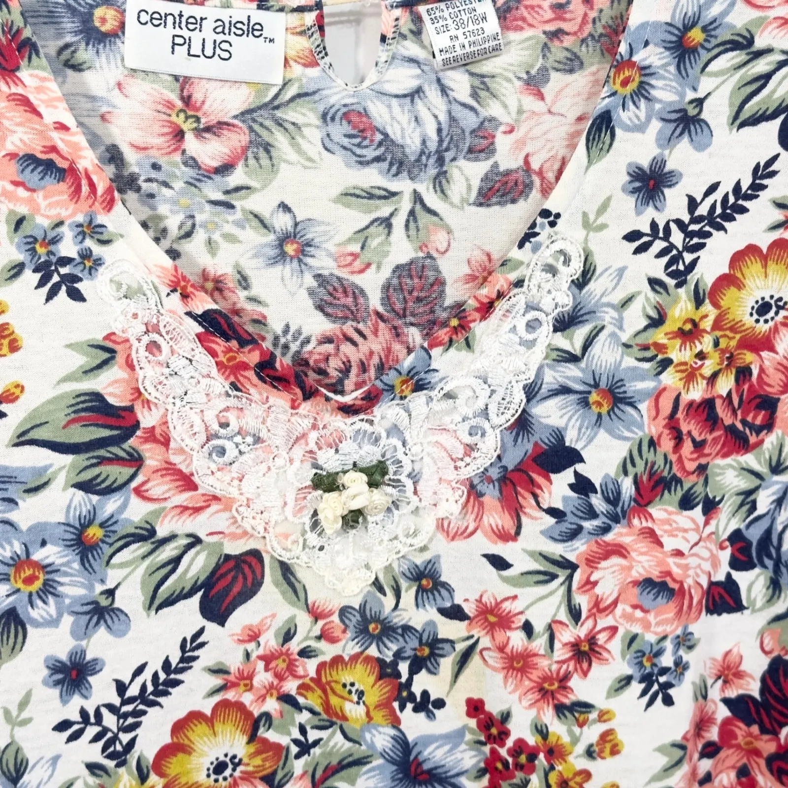 VTG Floral Dress Lace V Neck Cottagecore Babydoll Midi‎ Shift Short Sleeve 1150 White Size 24W - Image 5