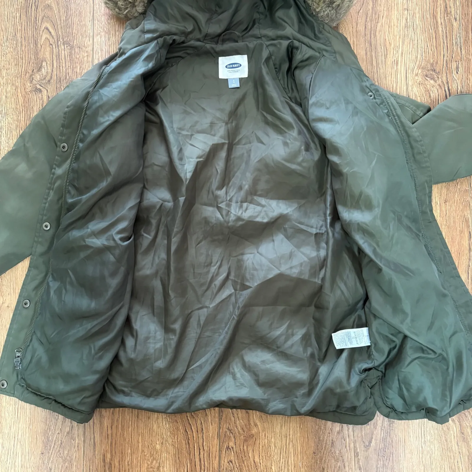 Old Navy Olive Green Faux Fur Trim Hooded Parka Jacket Womens Small Coat Puffer - Image 10