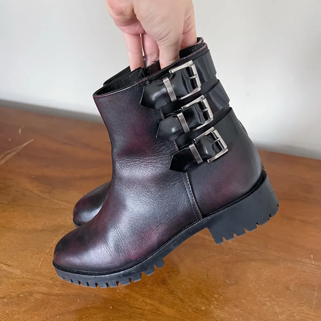 Napoleoni • buckled ankle boots combat moto platform black purple leather patent Size 7 - Image 5