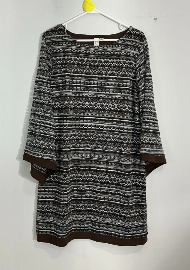 Womans Emma & Michelle Large Brown Pullover Lined Swing Dress Sheer Sleeves - Image 1