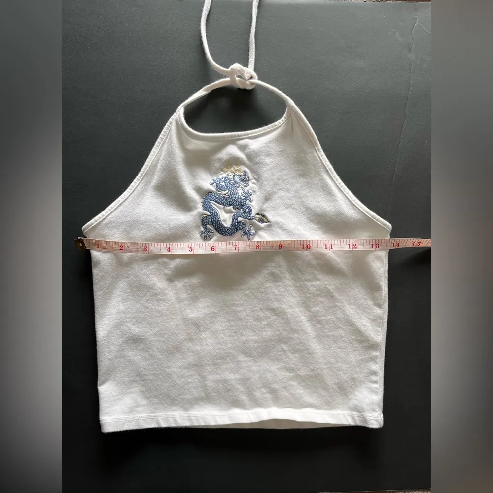 BRANDY MELVILLE JOHN GALT White Halter Tank Top Embroidery Dragon One Size EUC - Image 6