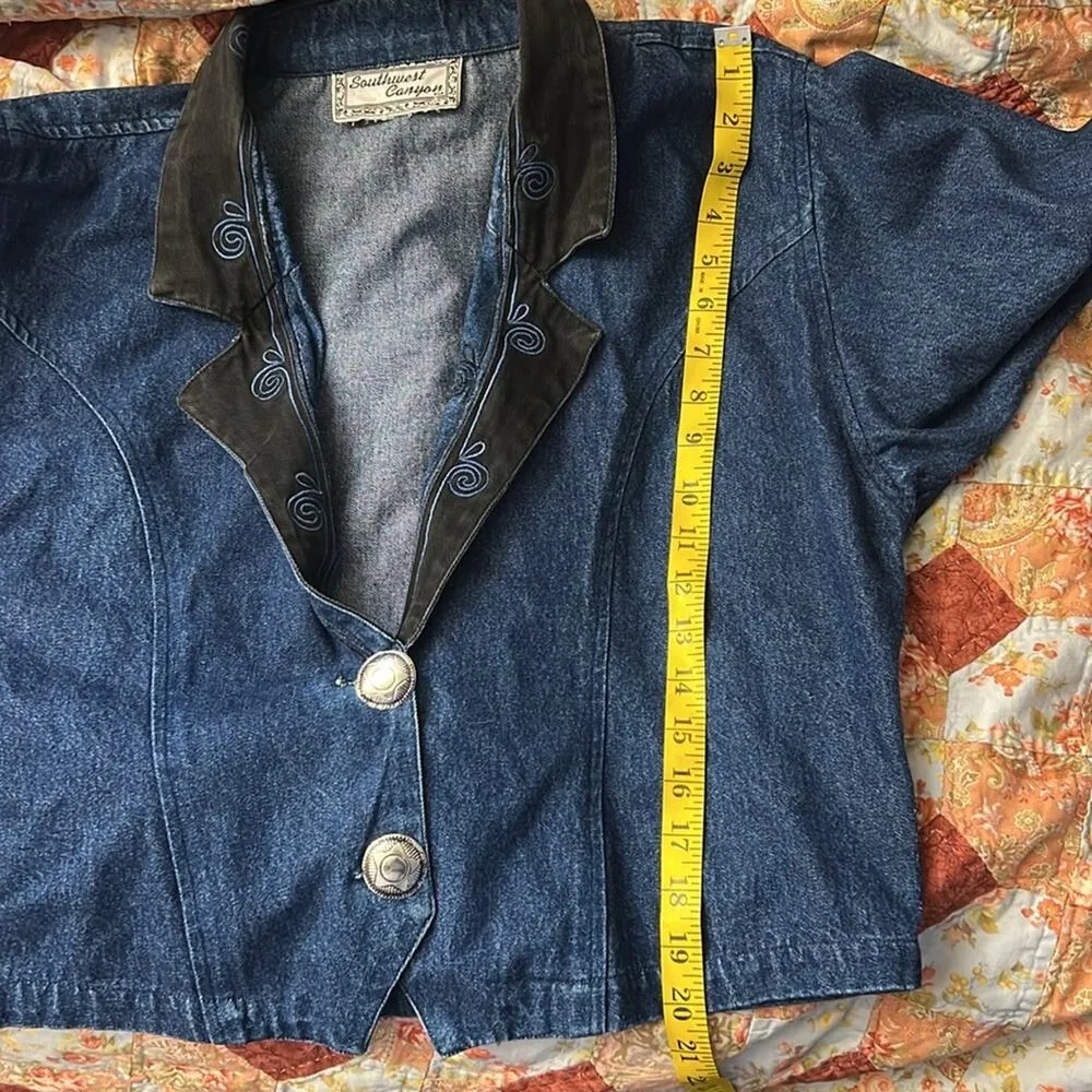 Vintage 90s Southwest Canyon Denim Embroidered Cowgirl Crop Blazer Jacket LARGE? - Image 8