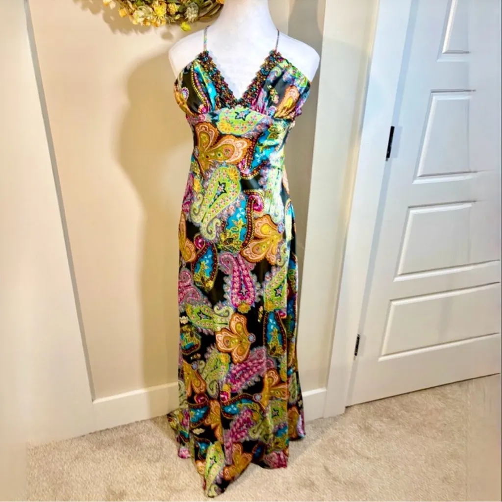 Vintage Zum Zum Y2K Satin Paisley Beaded Slip Maxi Dress Retro Glam Size 3/4 💛 Blue - Image 10