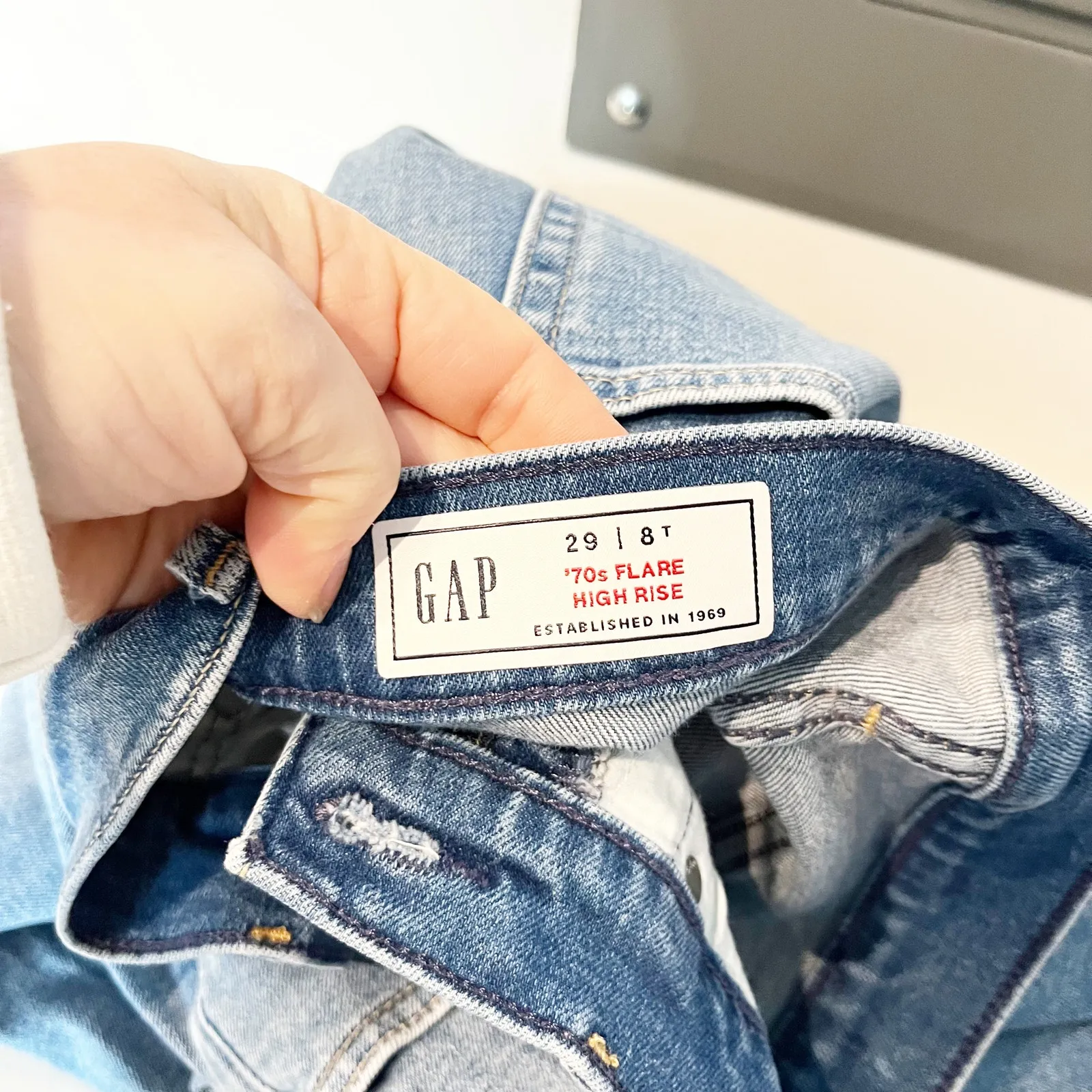 Gap High Rise Patched '70s Flare Bell Bottom Jeans Light Indigo Blue 8 Tall - Image 3