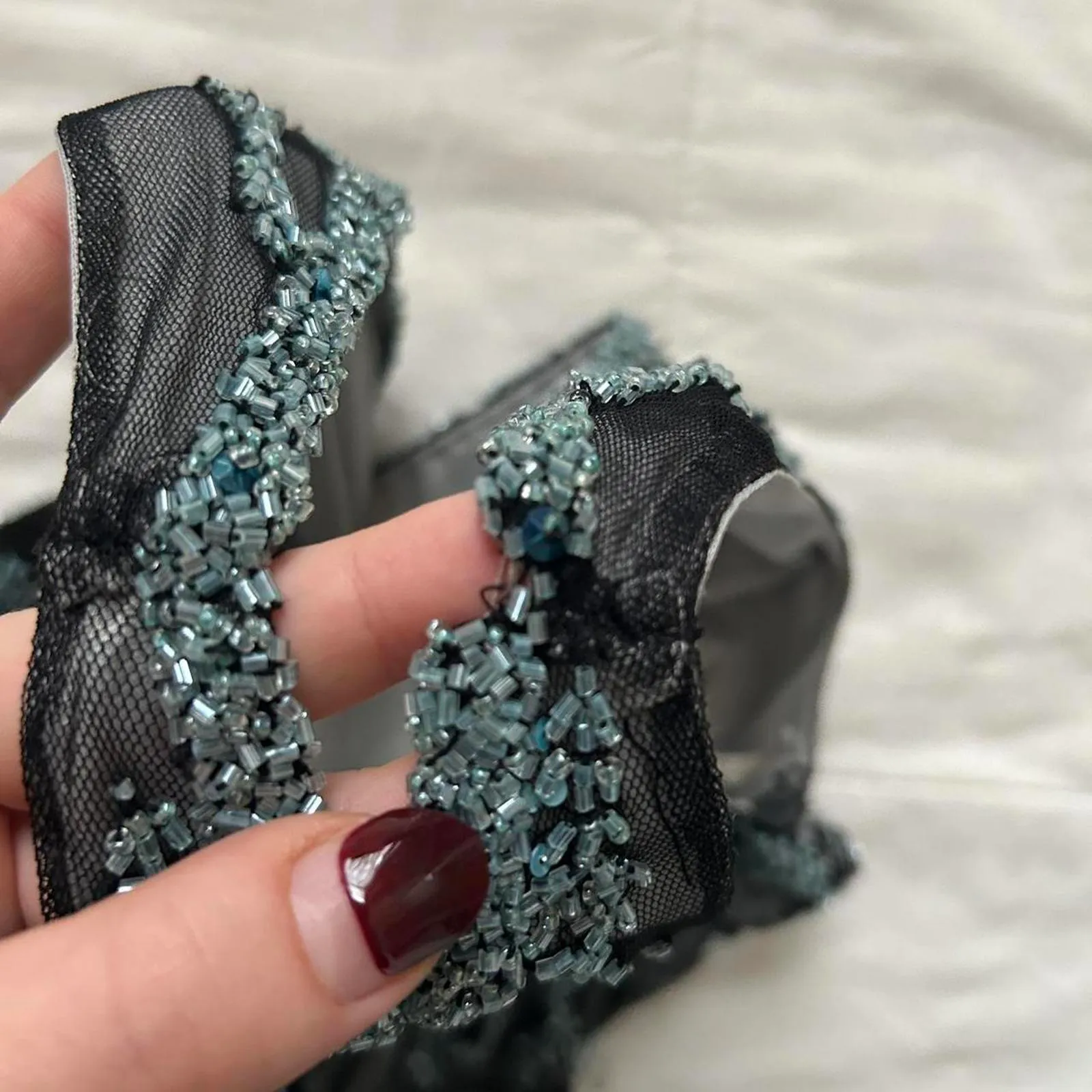 Vintage baby blue black mesh overlay beaded dress great Gatsby glam size 6 - Image 7