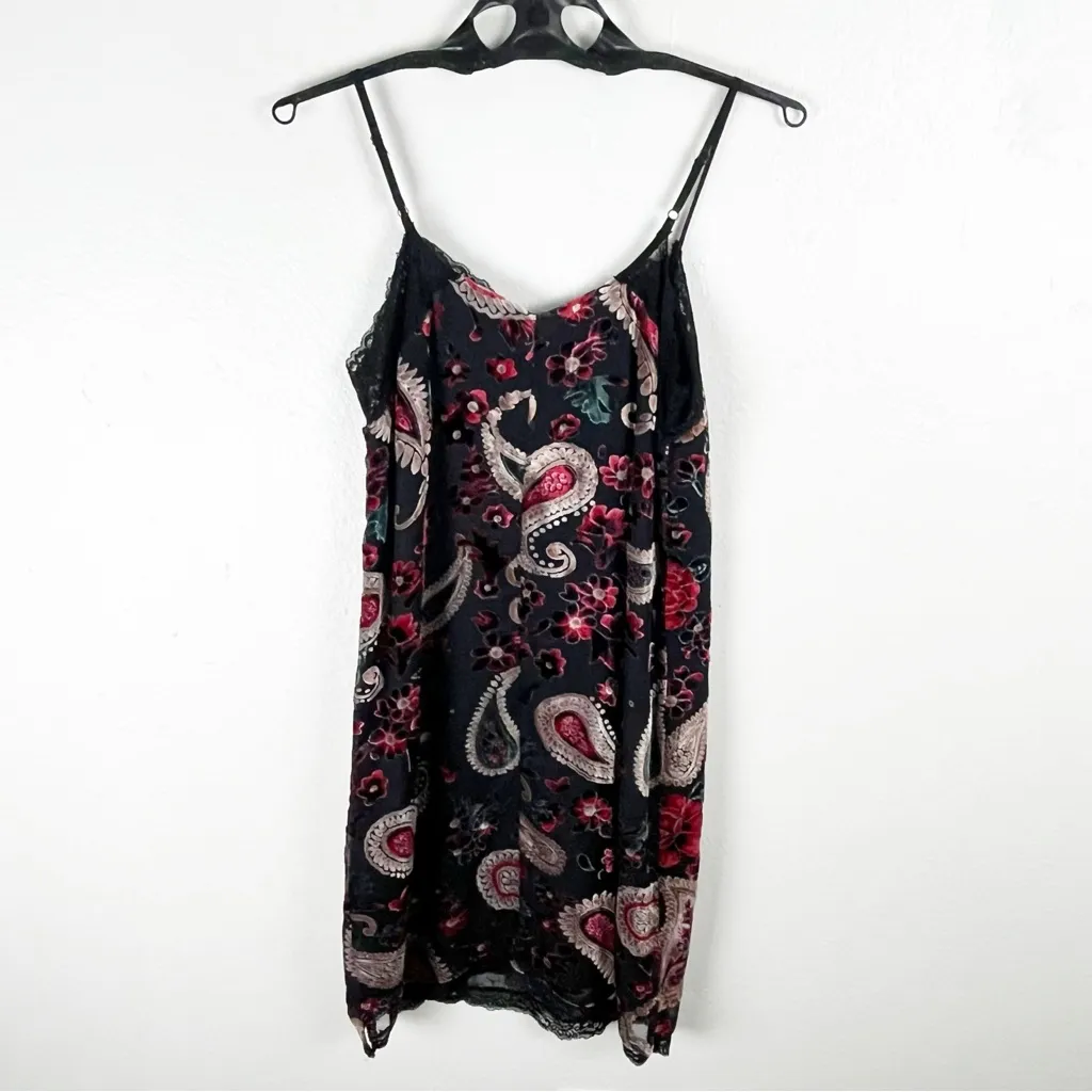 SKIES ARE BLUE Black Velvet Velour Paisley Print Lace Trim Slip Dress Size Small - Image 2