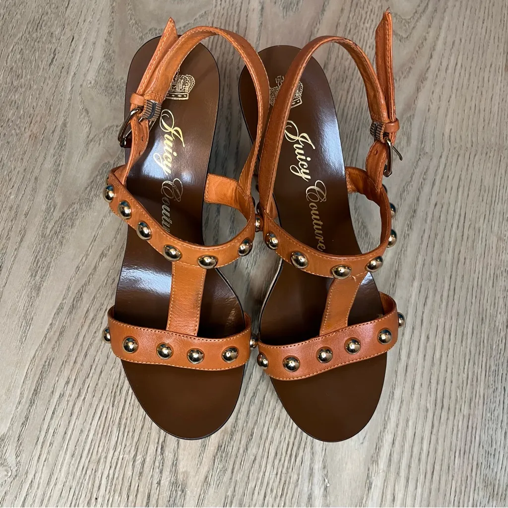 Juicy Couture Kipper Stud Strappy Leather Wedge Sandals Orange Women’s Size 7.5 - Image 6