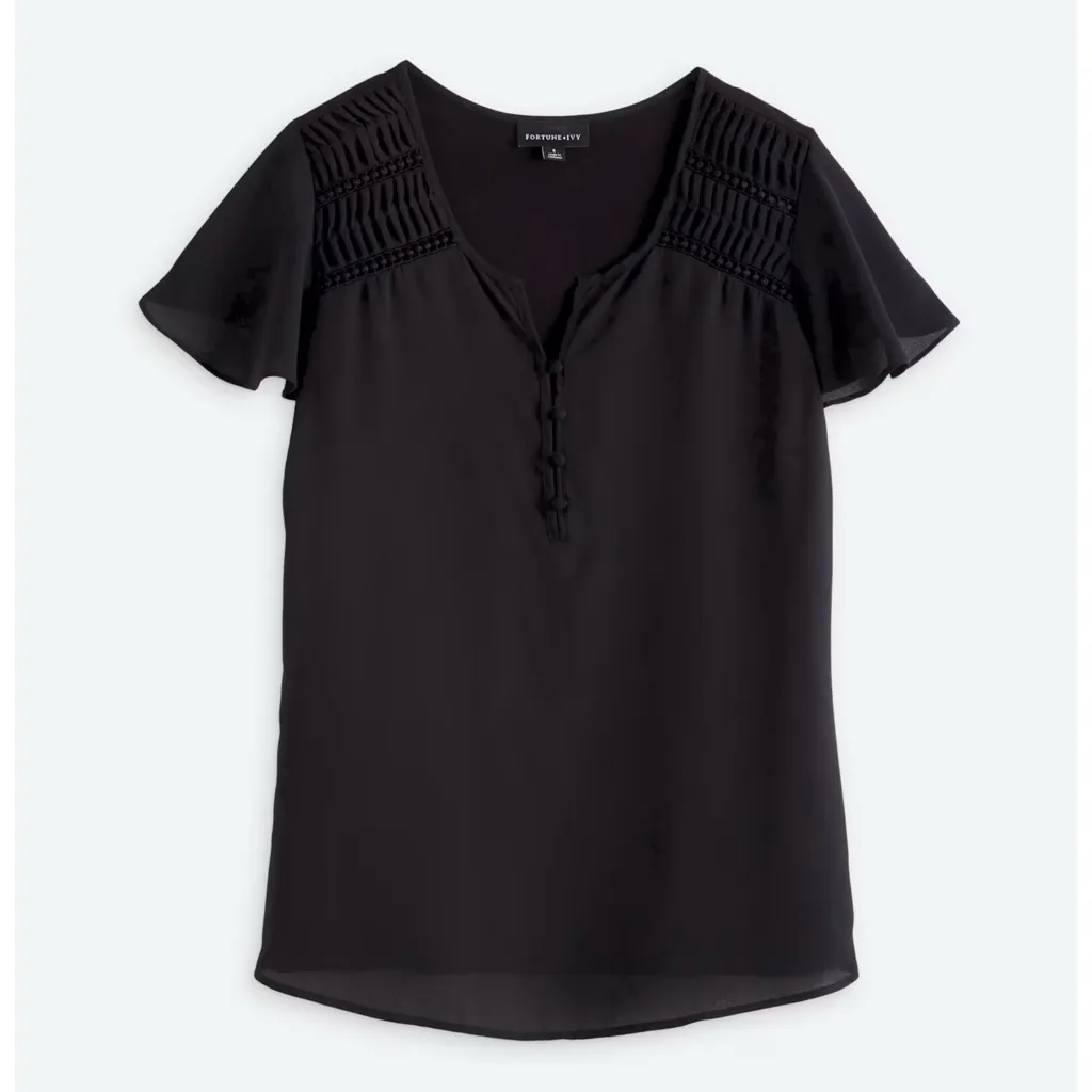 FORTUNE + IVY Stitch Fix Livey Blouse Black Flutter Sleeve Button Front Womens M - Image 5