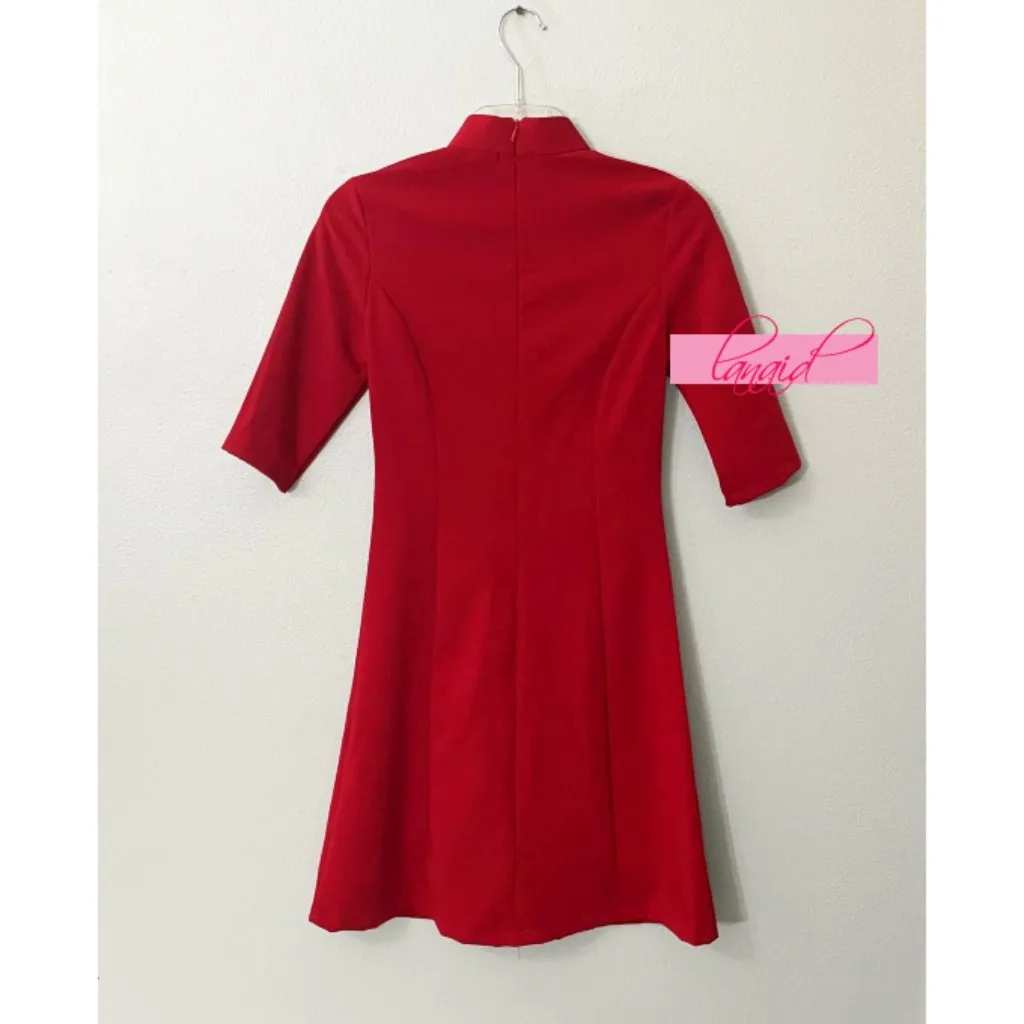 NEW Chinese Asian Oriental Japanese Deep Red Embroidered Mandarin A-Line Dress S - Image 7