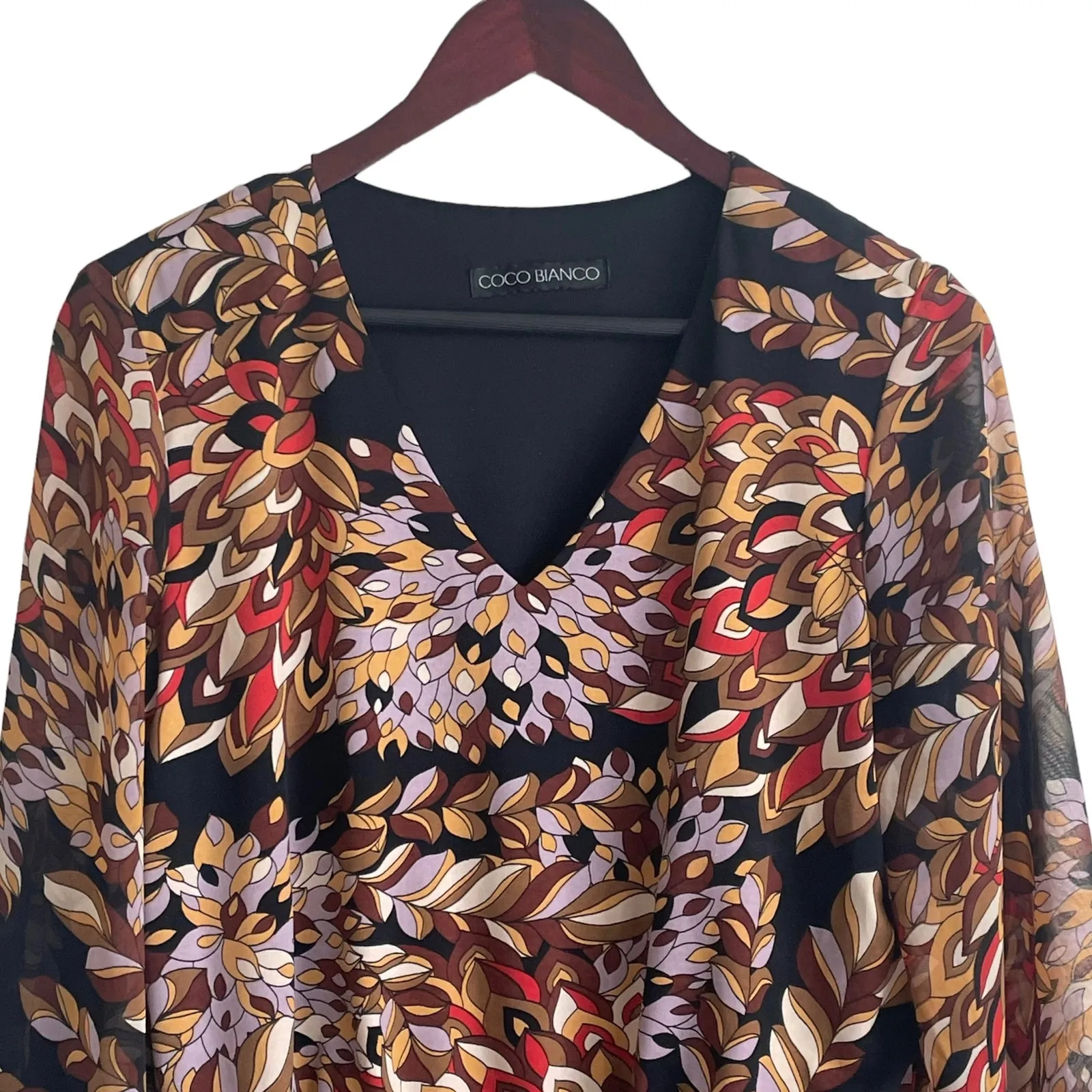Coco Bianco Top Women Multicolor V-Neck‎ Long Flare Sheer Sleeve Lined Pullover - Image 11