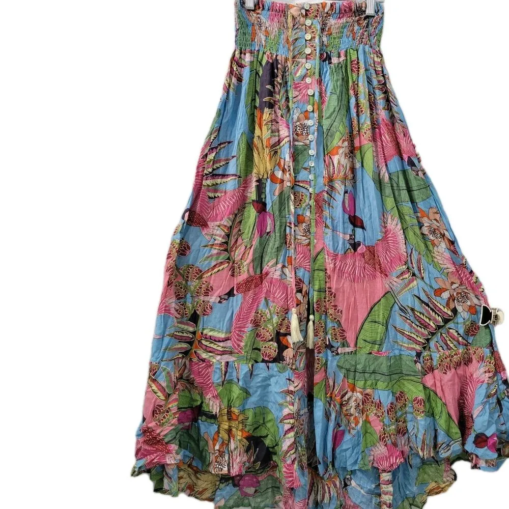 Rachel Roy Multicolor Floral Maxi Skirt Smocked Waist Hi Low Tropical Sz XS - Image 4