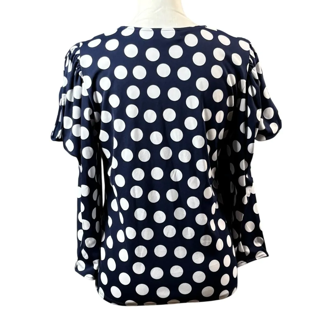 Karl Lagerfeld Blouse Size Small Blue White Cold Shoulder Polka Dot Casual - Image 3