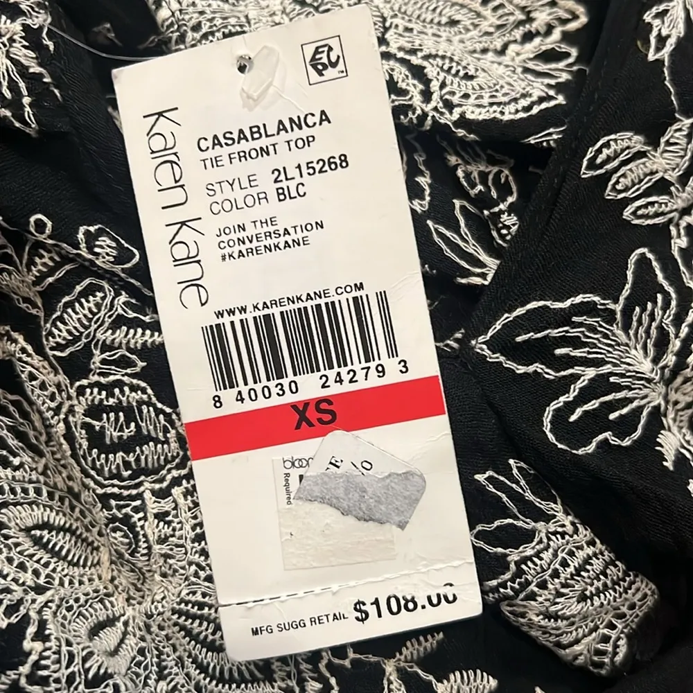 Karen Kane Casablanca Tie-Front Ruffle Sleeve Top, Black & White Size XS NWT - Image 3