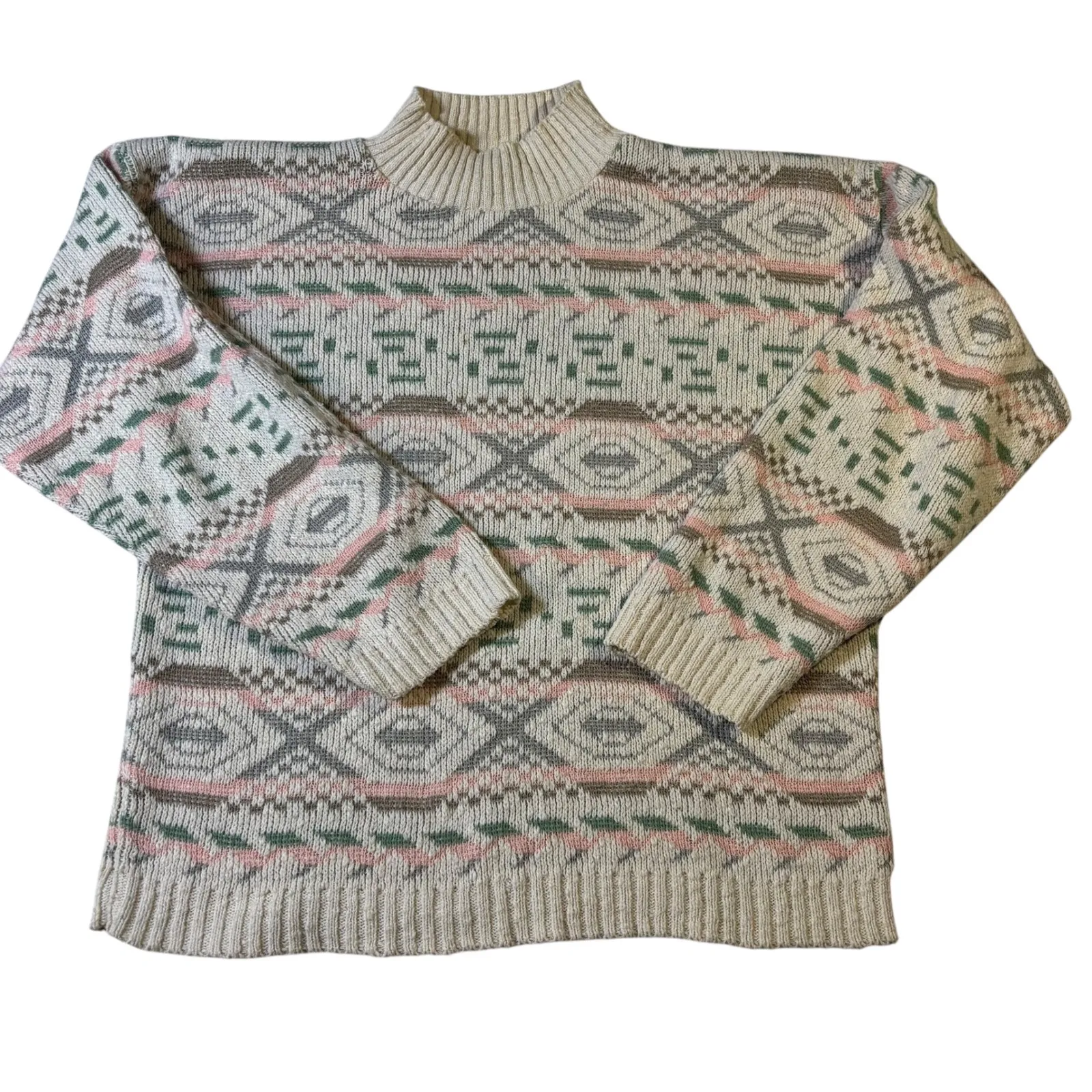 Adele Knitwear Sweater Womens Vintage Pastel Aztec Knit Mock Neck M/L Tan Size M - Image 3
