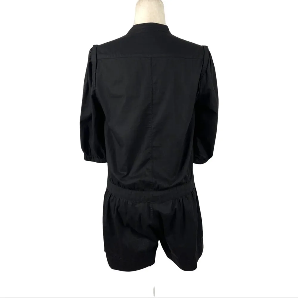 French Connection Black Ruched Belted Button Down Romper 3/4 sleeve Sz 6 Cotton - Image 8
