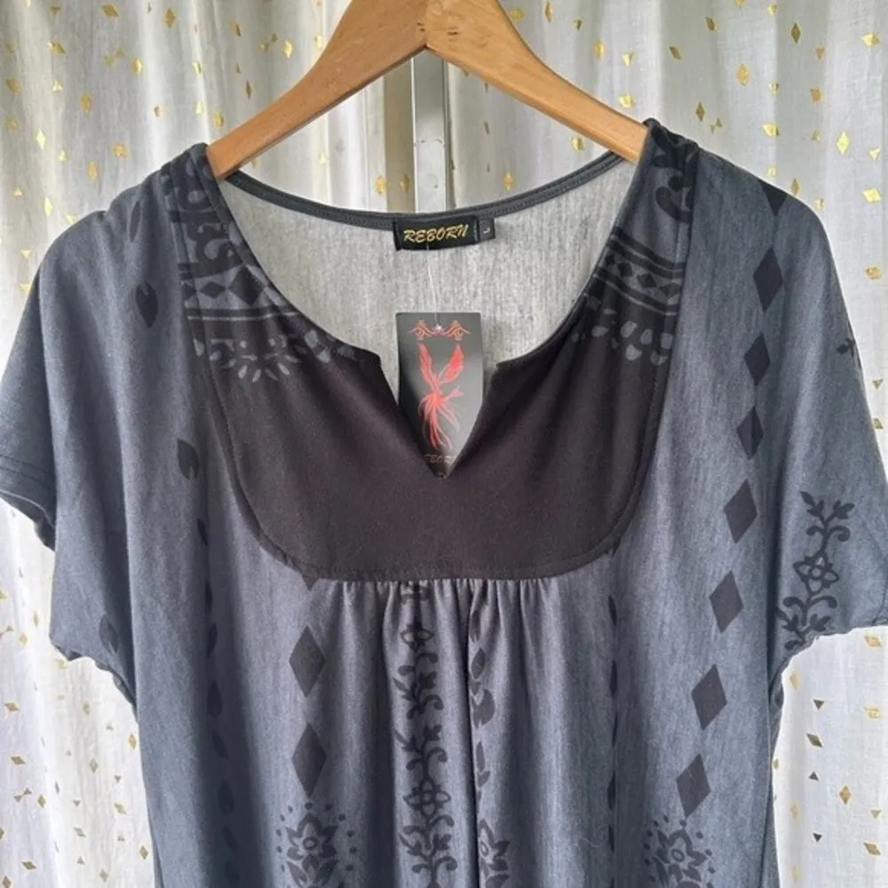 Reborn Boho Black Charcoal Gray Paisley Split Neck Short Sleeve NWT Dress L Size L - Image 4