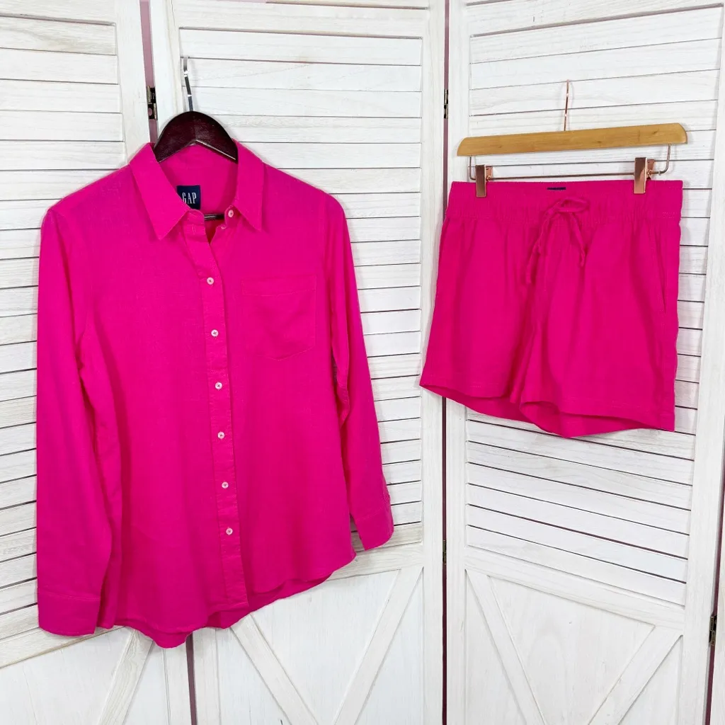 Gap Linen Blend Slouchy Boyfriend Shirt Pull On Shorts Set Hot Pink XS - Image 8