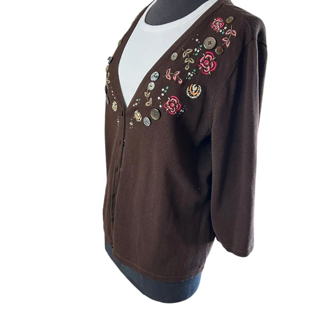 Christopher & Banks L Woman's Beautifully Embellished V-neck Brown Cardigan - Image 2