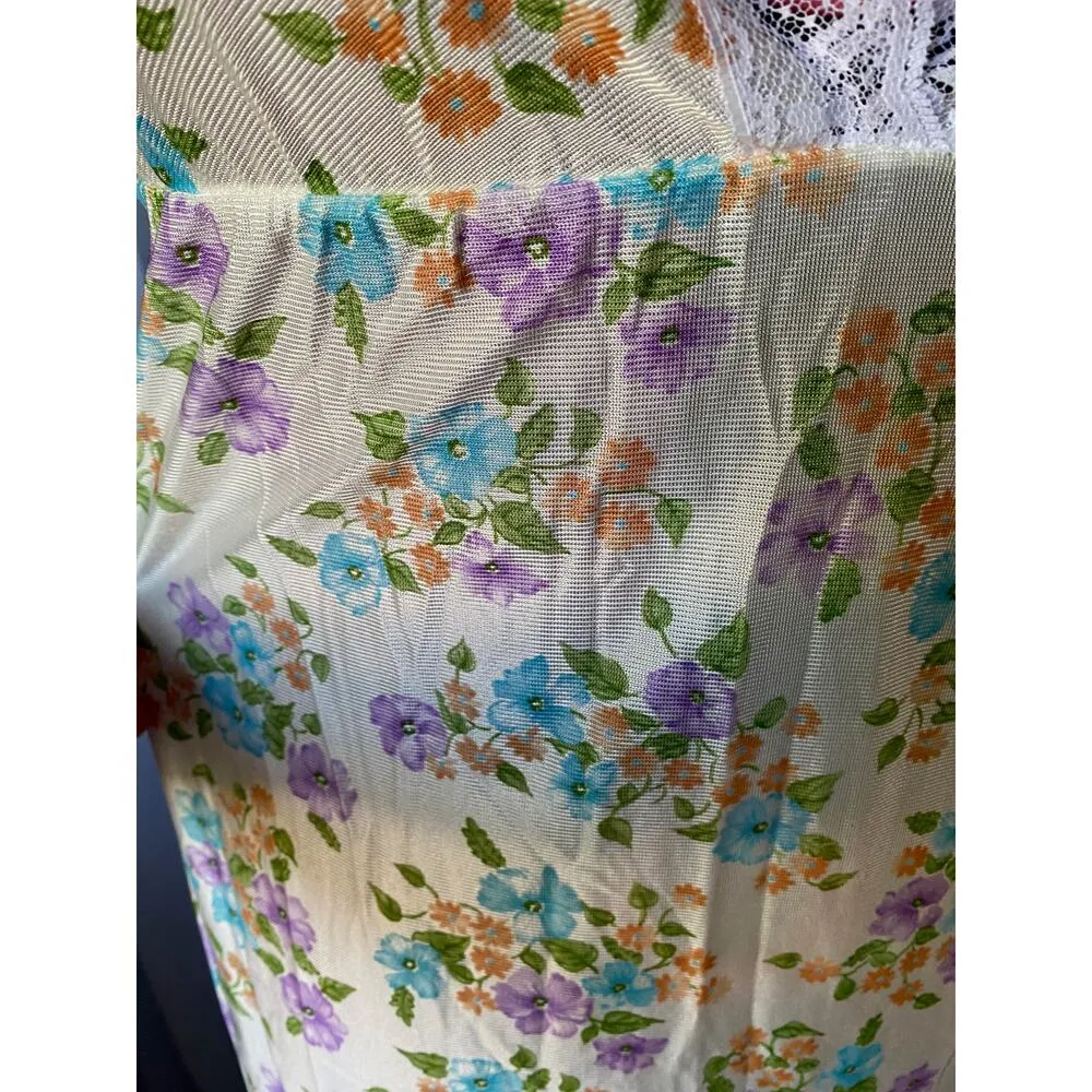 nightgown vintage 1970s floral deep V neck blue pink orange Size L - Image 8