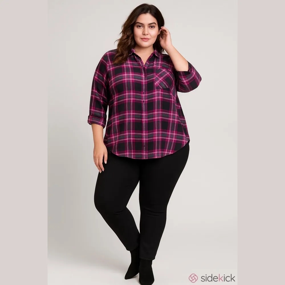 Terra & Sky Plaid Button Down Blouse, Pink, Black, Size 4X - Image 3
