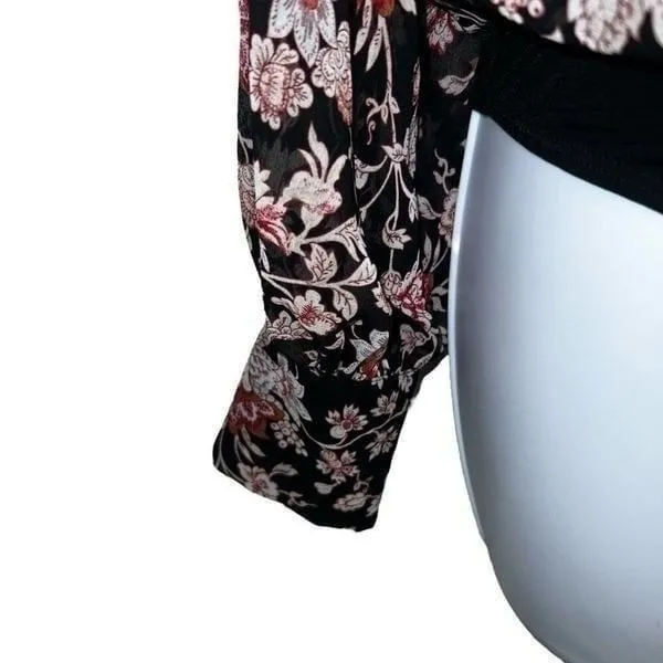 EXPRESS Pleated V-Neck L/S Black Semi‎ Sheer Floral Bodysuit EUC Size XS - Image 6