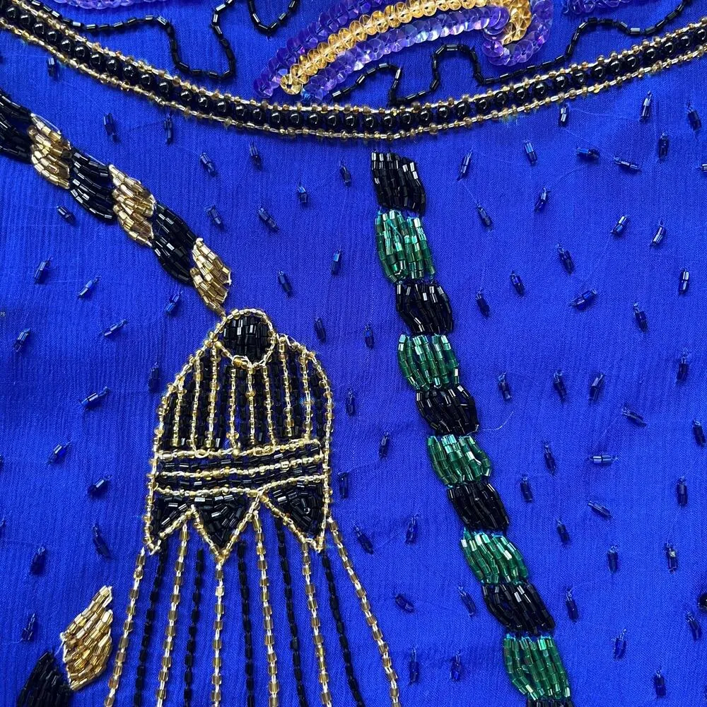 Laurence Kazar Vintage Royal Blue Beaded 100% Silk Evening Blouse Size M - Image 5