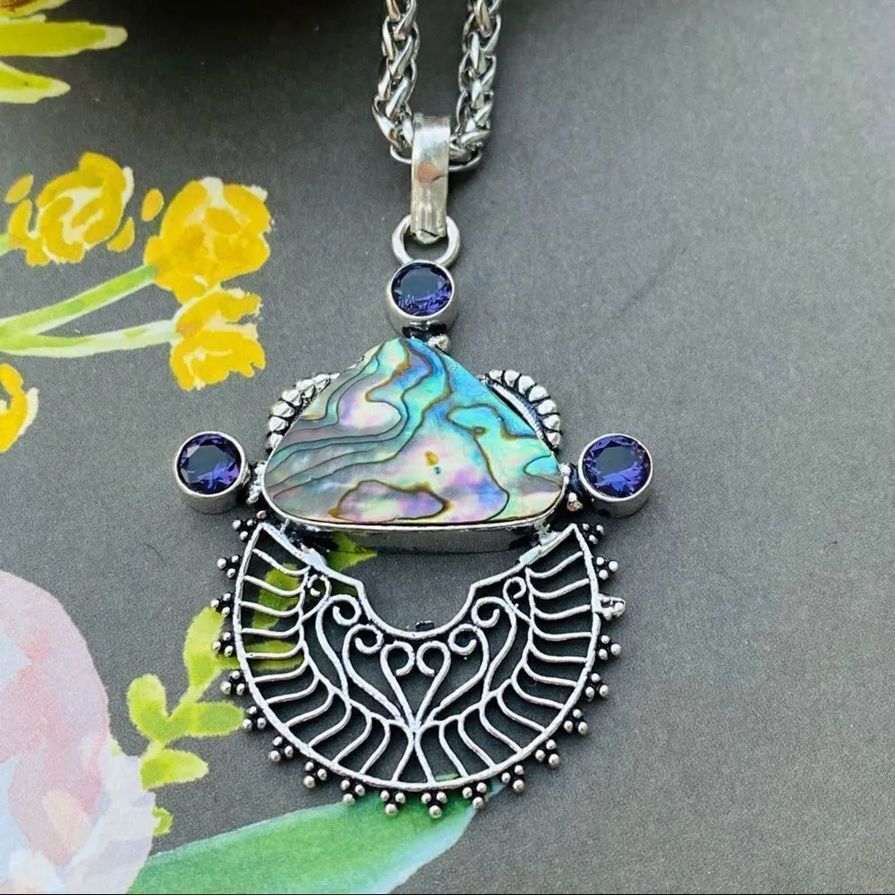 Abalone Shell & Amethyst Wheat Chain Necklace - Image 2