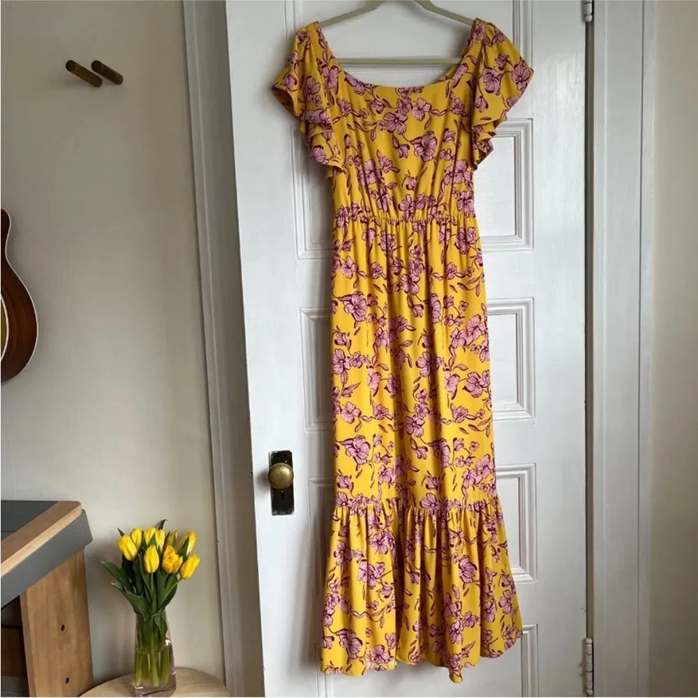 Sachin & Babi Yellow Flutter Sleeve Floral Print Maxi Dress Size 8 - Image 4