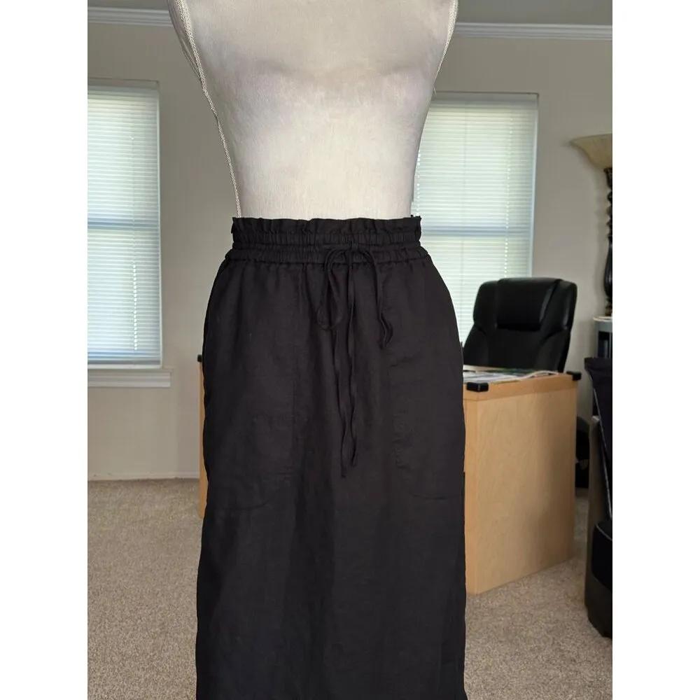 Black Elastic Waist Midi Skirt With Drawstring & Back Slit - Image 2