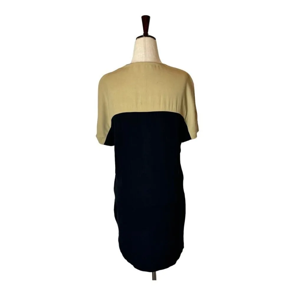 ALC Dress Women 8 Tan Black Silk Colorblock Short Sleeve Shift Mini Luxury‎ - Image 2