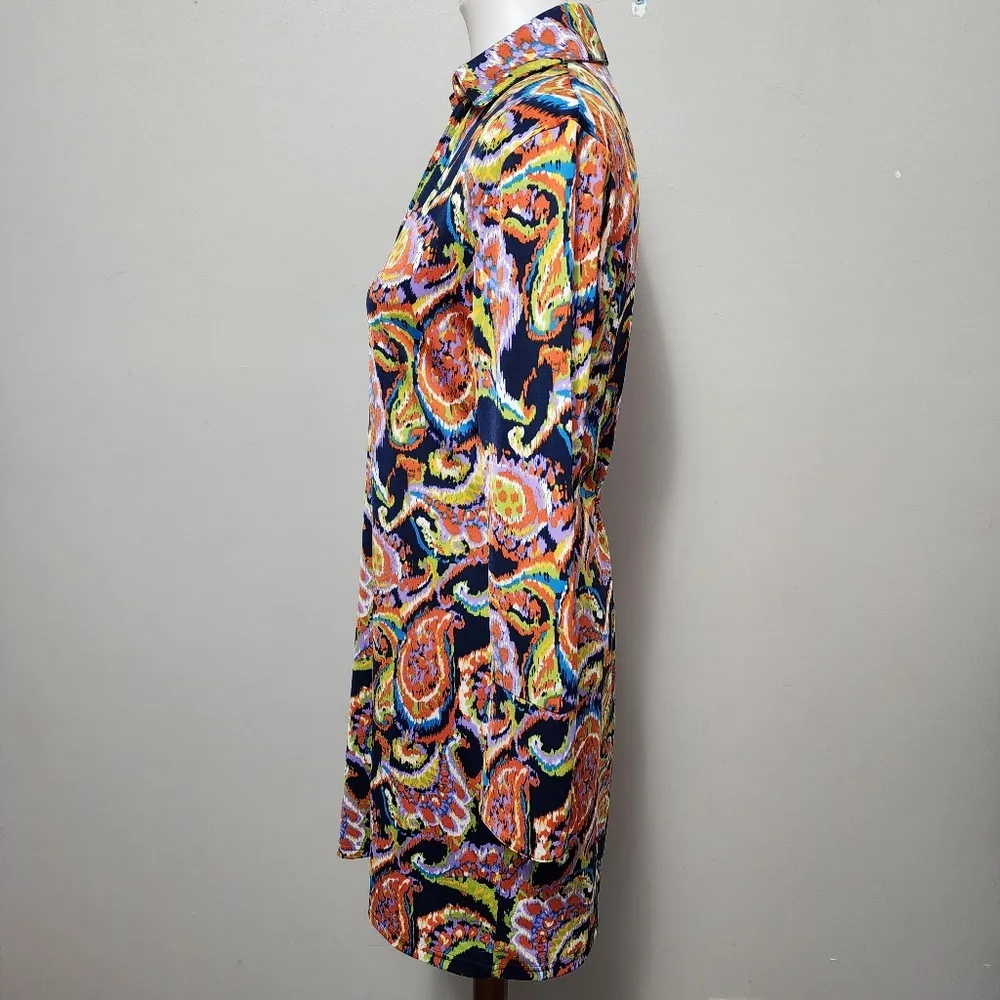 Tracy Negoshian Navy Orange Paisley Collared Long Sleeve Dress Size Medium - Image 4