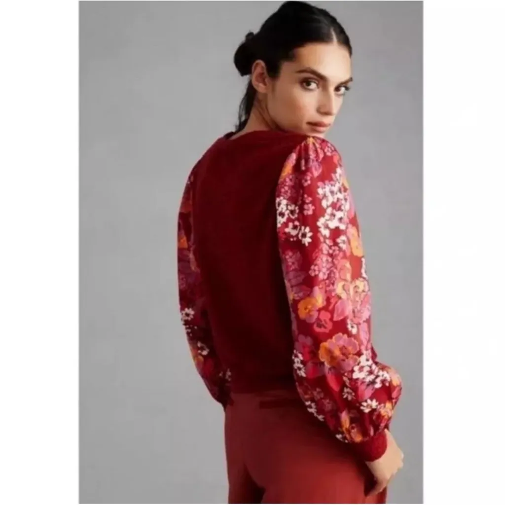 Anthropologie Porridge Floral Puff Sleeve Textured Top Burgundy MEDIUM - Image 2