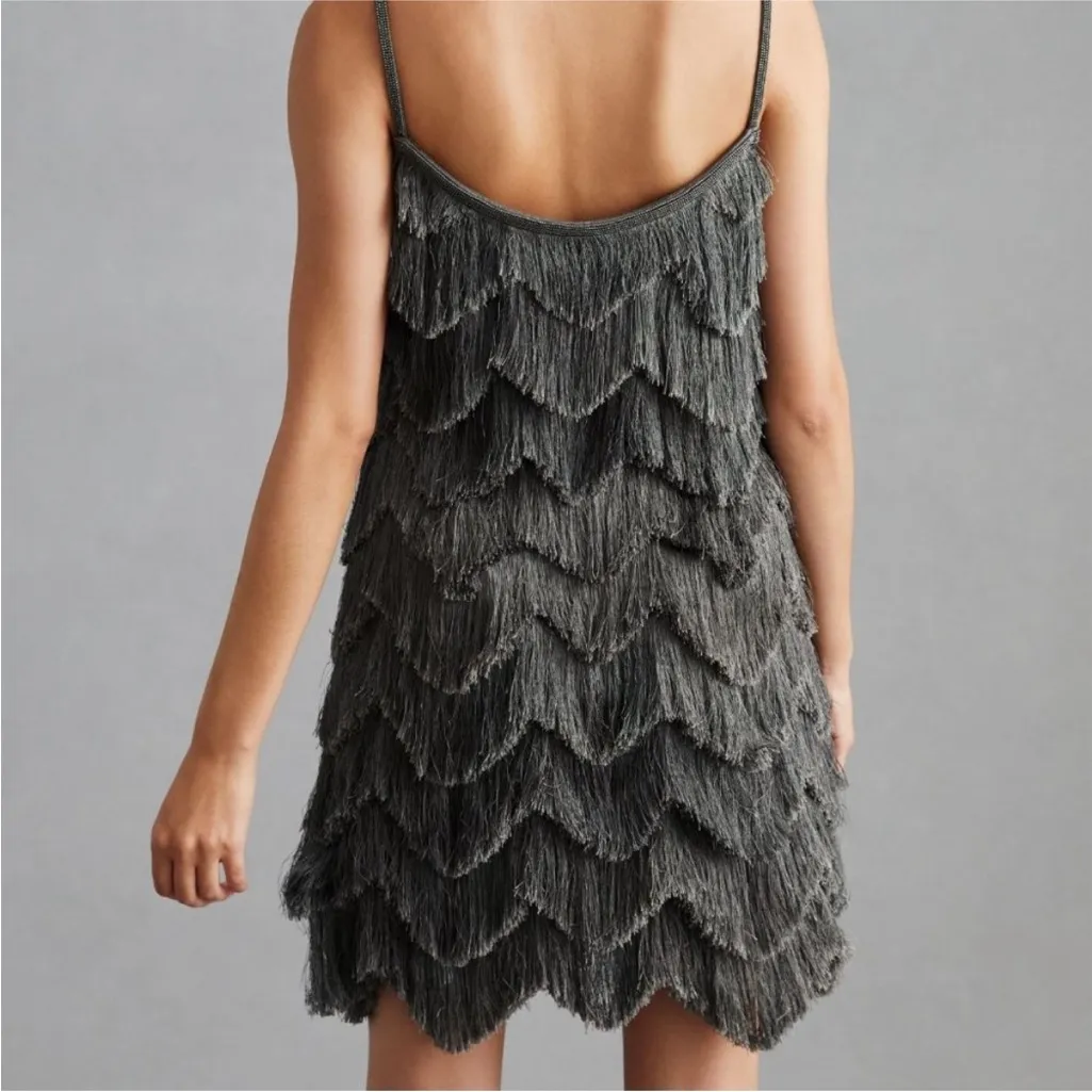 Anthropologie‎ Pankaj & Nidhi Fringed Mini Dress Gray Large - Image 3