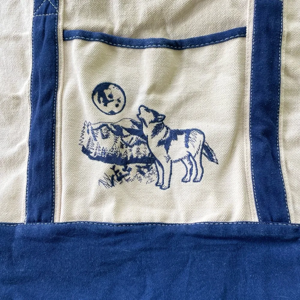 Vintage Ivory Navy Blue Embroidered Wolf Boat Oversized Tote Bag Fisherman Style - Image 2